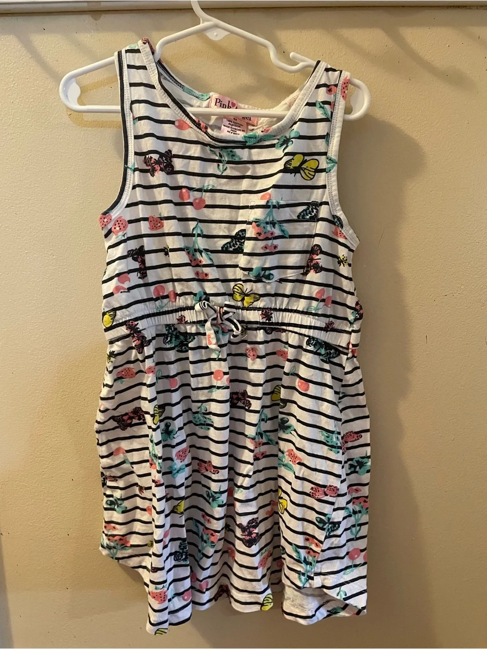 Girls' Striped Tank Dress with Butterfly & Fruit Prints - White/Black